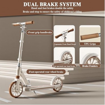 Commuter Adult Scooter 330 lbs Capacity, 8IN Solid Tires Big Wheels Scooters, 3 Handle Height Adjustable Levels, with Double Braking System, Foldable Scooter,Kick Scooter for Ages 6+